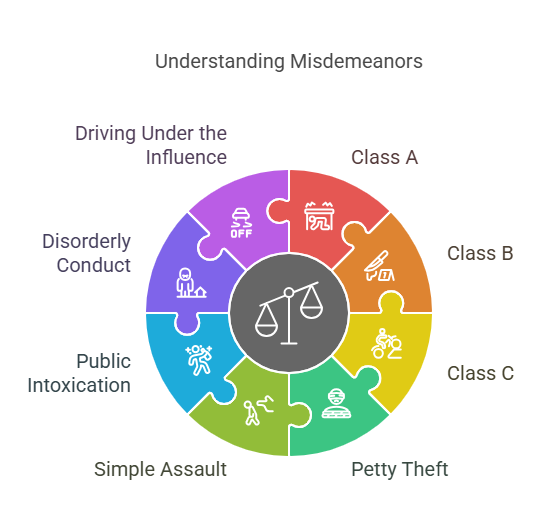 What is a Misdemeanor?

A misdemeanor is a criminal offense that is less severe than a felony but still carries legal consequences. Misdemeanors are generally categorized as low-level offenses, and the penalties often include fines, probation, or a short-term jail sentence. They are typically classified into three categories: Class A, Class B, and Class C, with Class A being the most serious of the misdemeanors.

Some common examples of misdemeanor offenses include:

Petty theft: Stealing items of relatively low value.
Simple assault: A physical altercation where no serious harm was inflicted.
Public intoxication: Being visibly drunk or intoxicated in public.
Disorderly conduct: Behaving in a disruptive manner in public spaces.
Driving under the influence (DUI): Operating a vehicle while impaired, often by alcohol or drugs.

While these offenses may not carry as severe consequences as felonies, they can still affect an individual’s future, especially when it comes to employment.